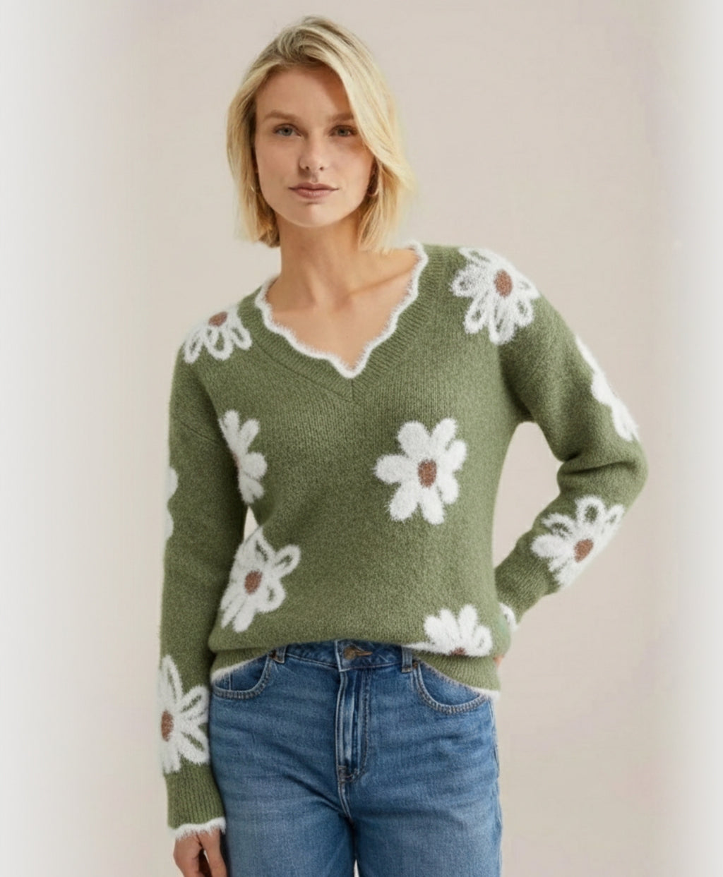 Flora | Long Sleeve V-Neck Jacquard Knit Sweater