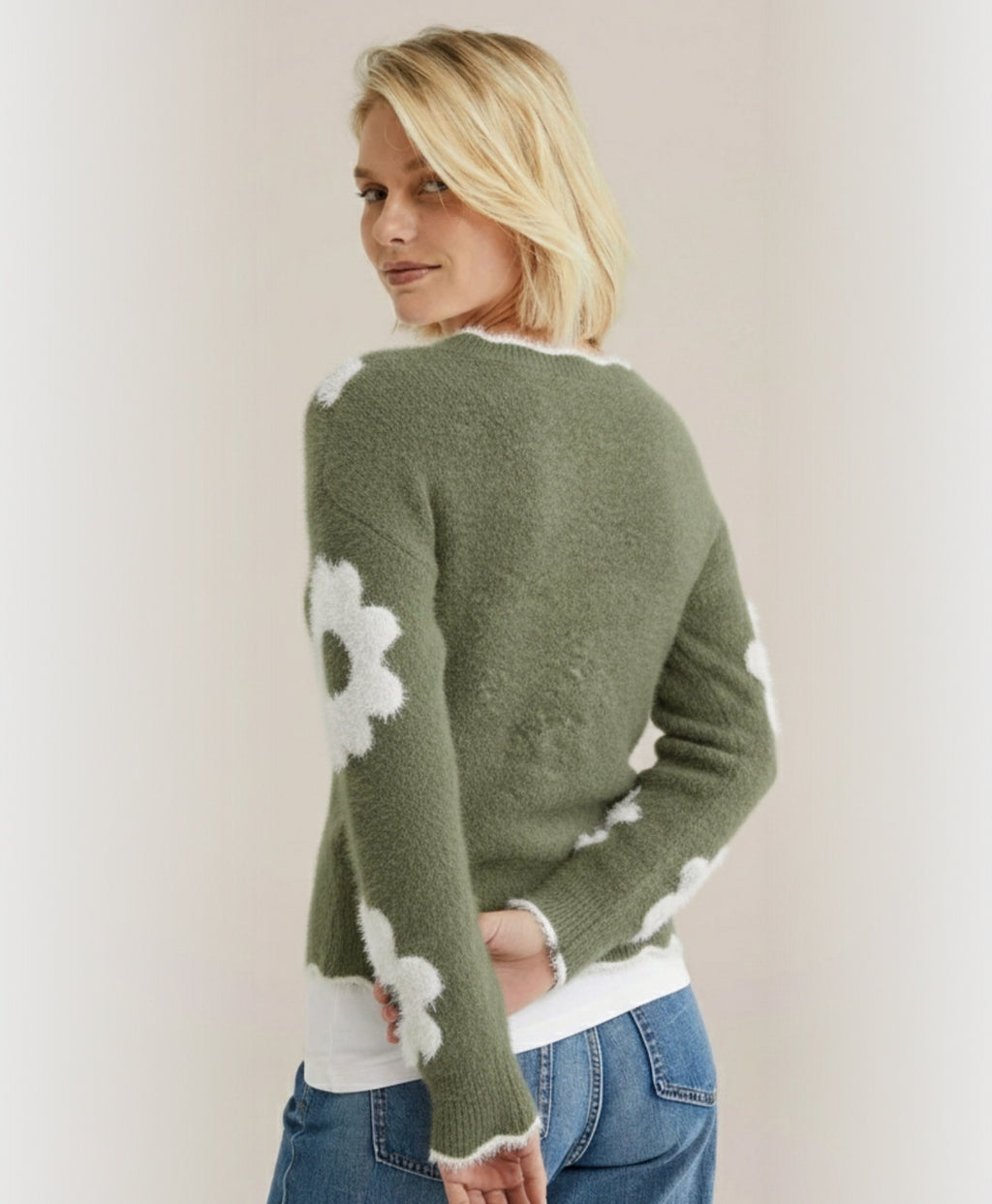 Flora | Long Sleeve V-Neck Jacquard Knit Sweater