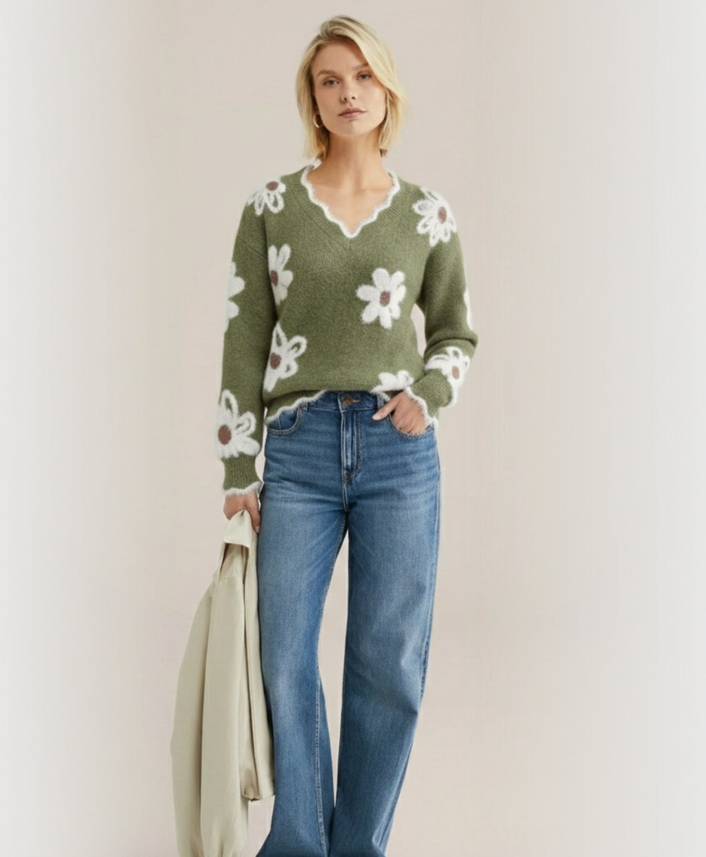 Flora | Long Sleeve V-Neck Jacquard Knit Sweater
