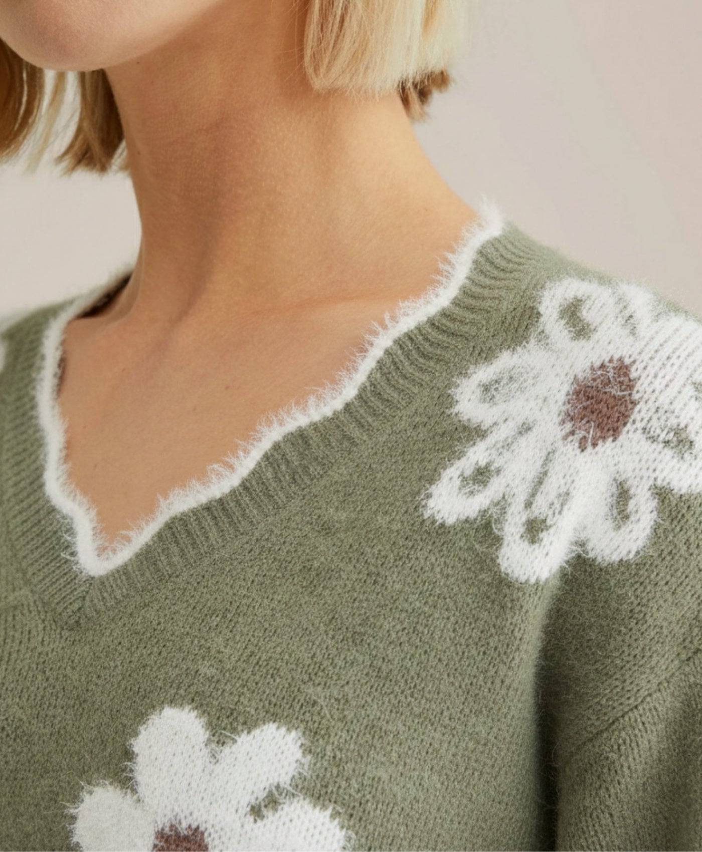Flora | Long Sleeve V-Neck Jacquard Knit Sweater
